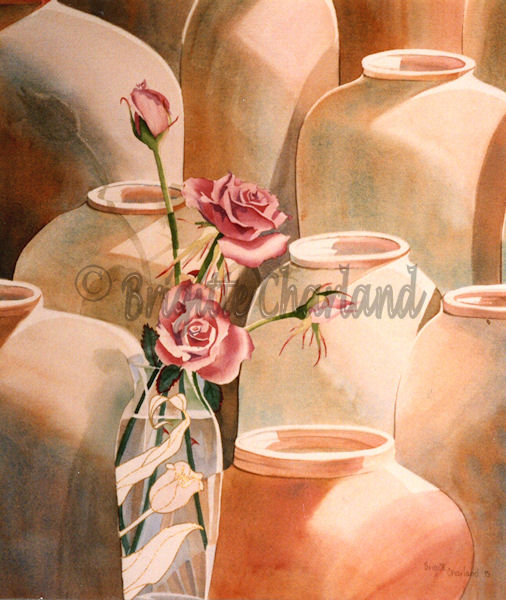 image aquarelle, brigitte charland, roses et jarres